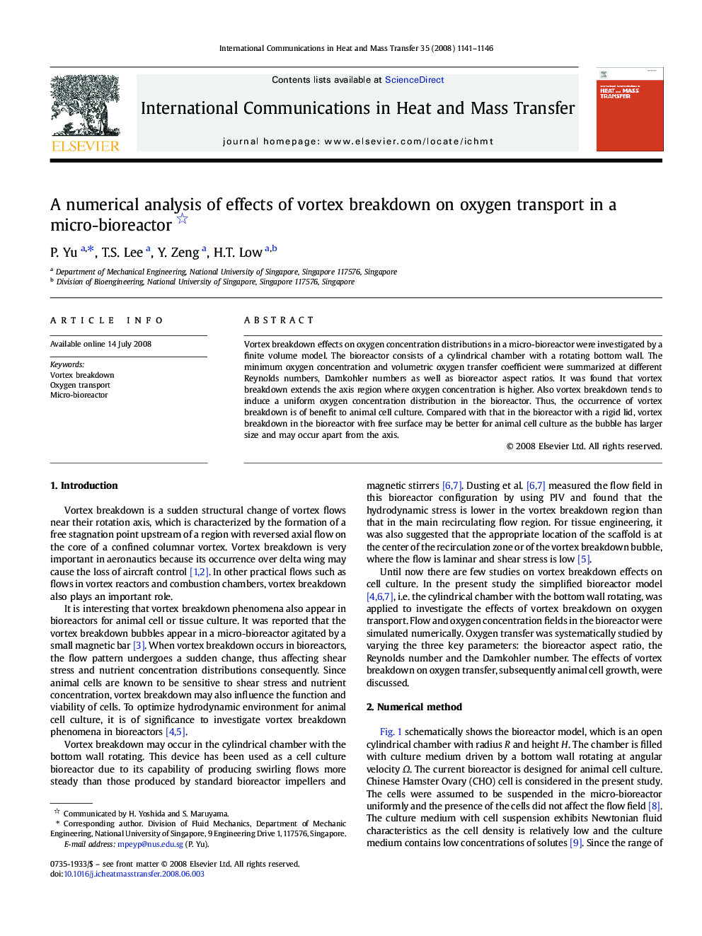 A numerical analysis of effects of vortex breakdown on oxygen transport in a micro-bioreactor 