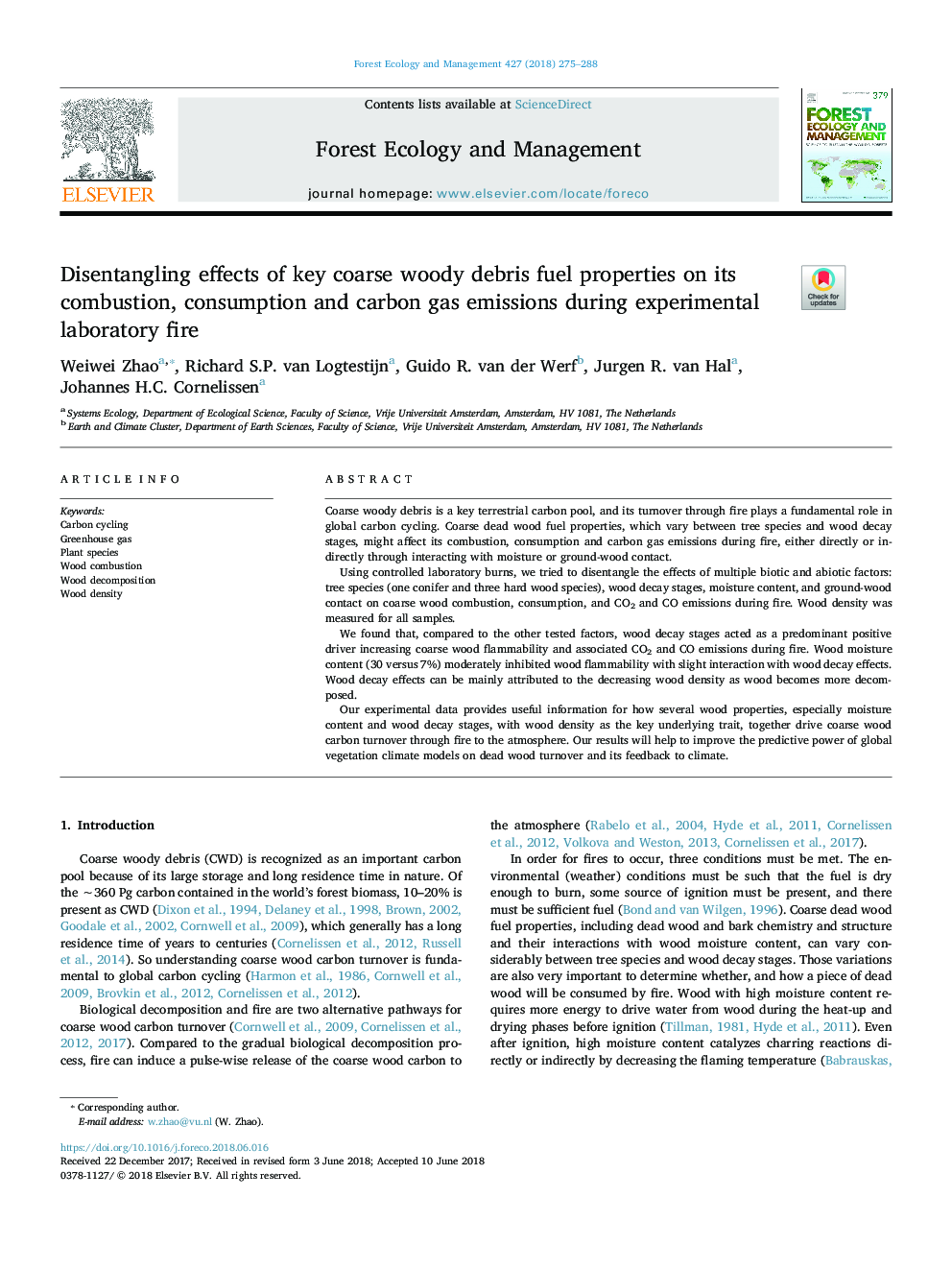 Disentangling effects of key coarse woody debris fuel properties on its combustion, consumption and carbon gas emissions during experimental laboratory fire