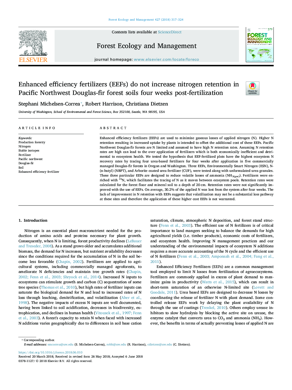 Enhanced efficiency fertilizers (EEFs) do not increase nitrogen retention in Pacific Northwest Douglas-fir forest soils four weeks post-fertilization