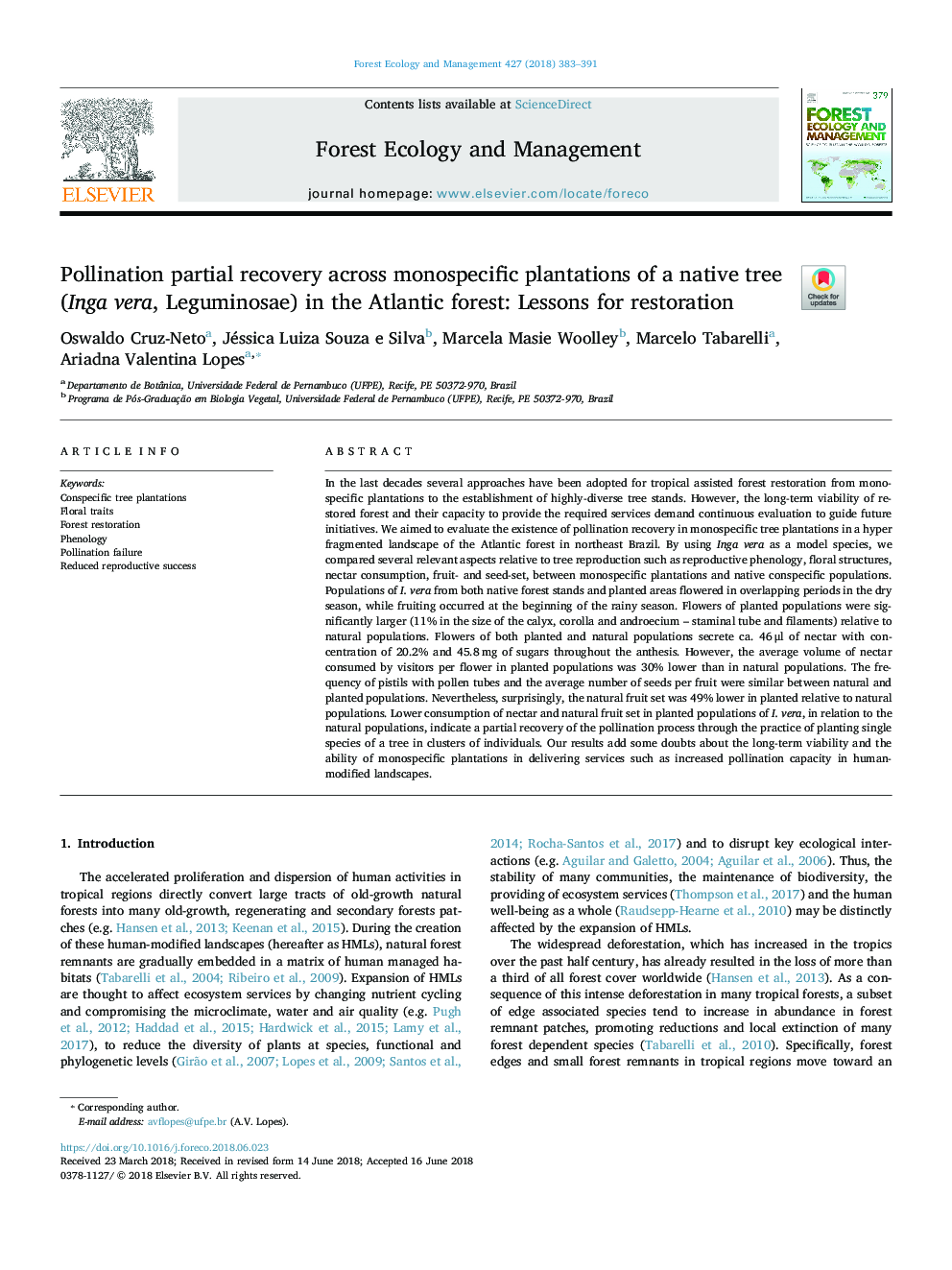 Pollination partial recovery across monospecific plantations of a native tree (Inga vera, Leguminosae) in the Atlantic forest: Lessons for restoration