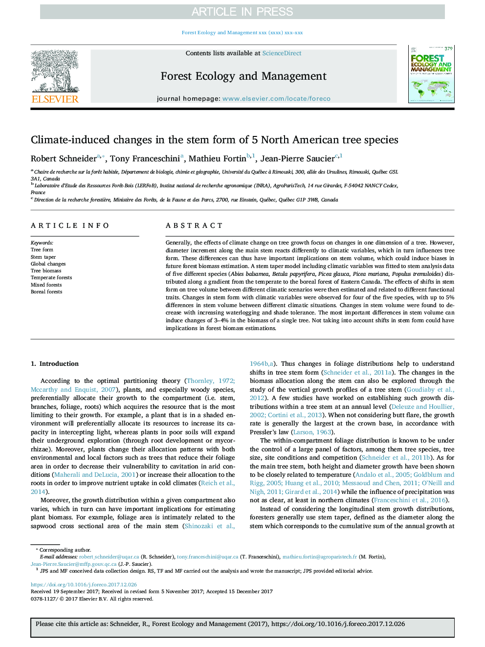 Climate-induced changes in the stem form of 5 North American tree species