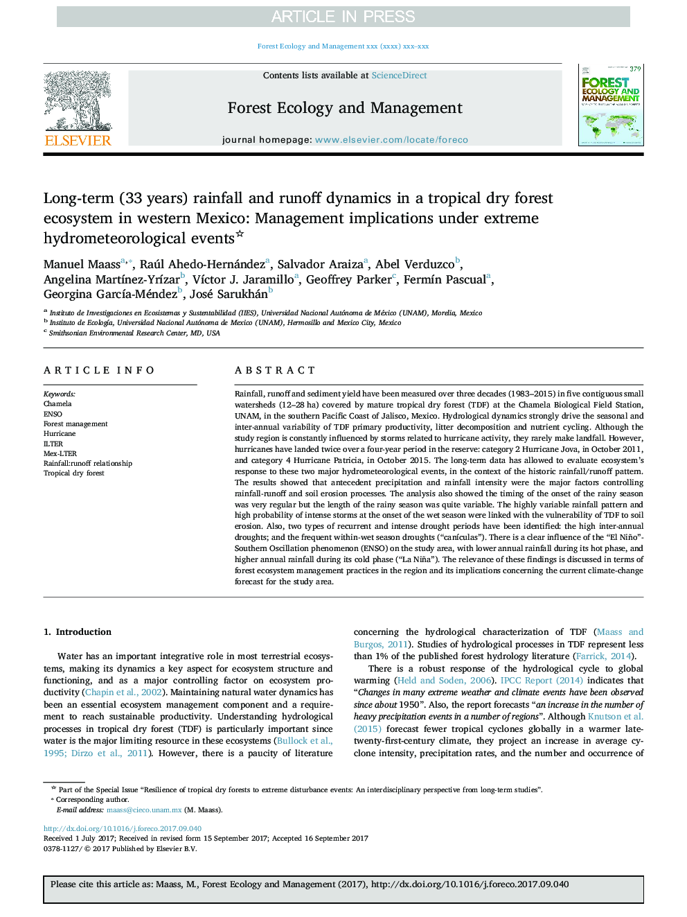 Long-term (33Â years) rainfall and runoff dynamics in a tropical dry forest ecosystem in western Mexico: Management implications under extreme hydrometeorological events