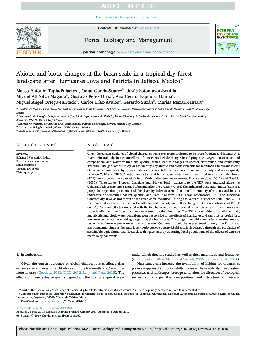 Abiotic and biotic changes at the basin scale in a tropical dry forest landscape after Hurricanes Jova and Patricia in Jalisco, Mexico