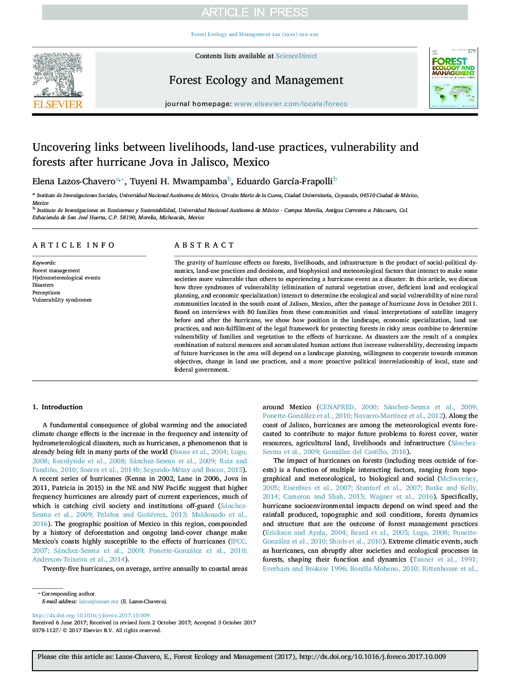 Uncovering links between livelihoods, land-use practices, vulnerability and forests after hurricane Jova in Jalisco, Mexico