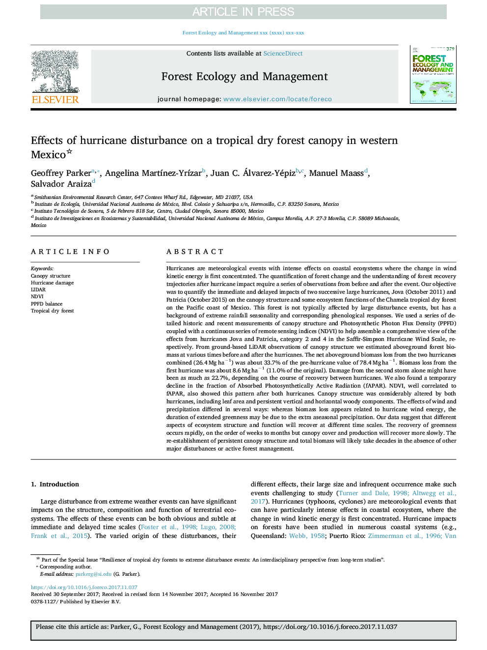 Effects of hurricane disturbance on a tropical dry forest canopy in western Mexico