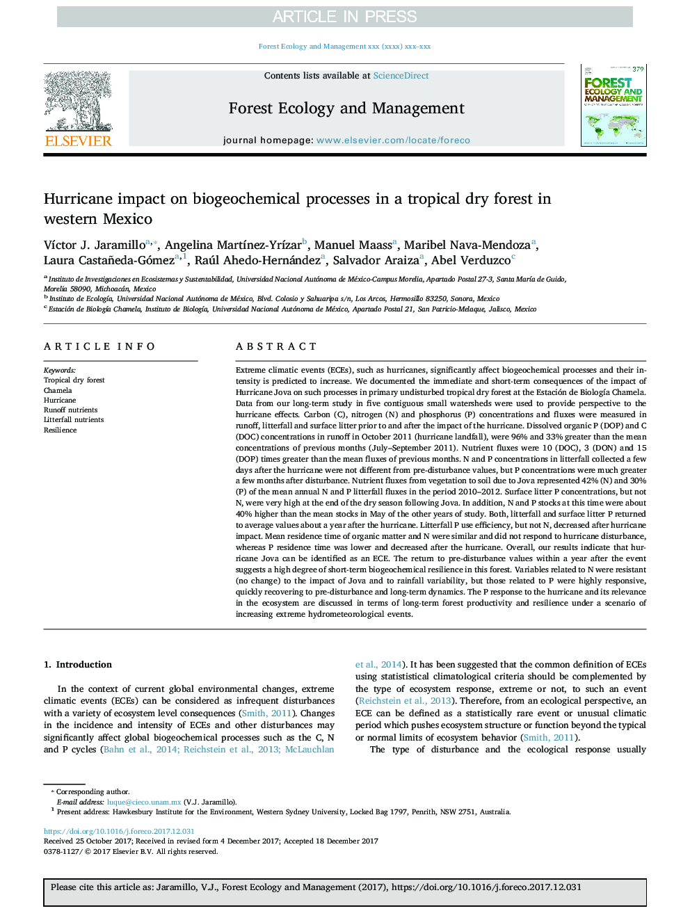 Hurricane impact on biogeochemical processes in a tropical dry forest in western Mexico