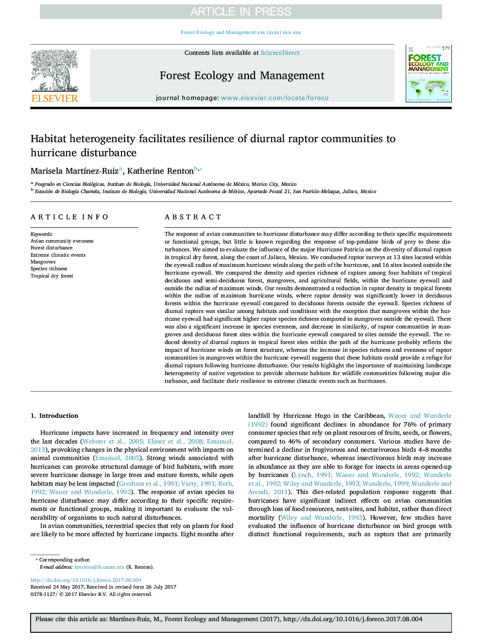 Habitat heterogeneity facilitates resilience of diurnal raptor communities to hurricane disturbance