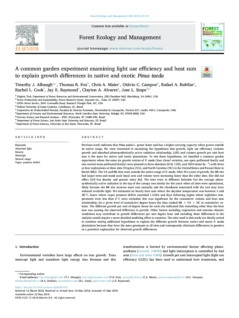 A common garden experiment examining light use efficiency and heat sum to explain growth differences in native and exotic Pinus taeda