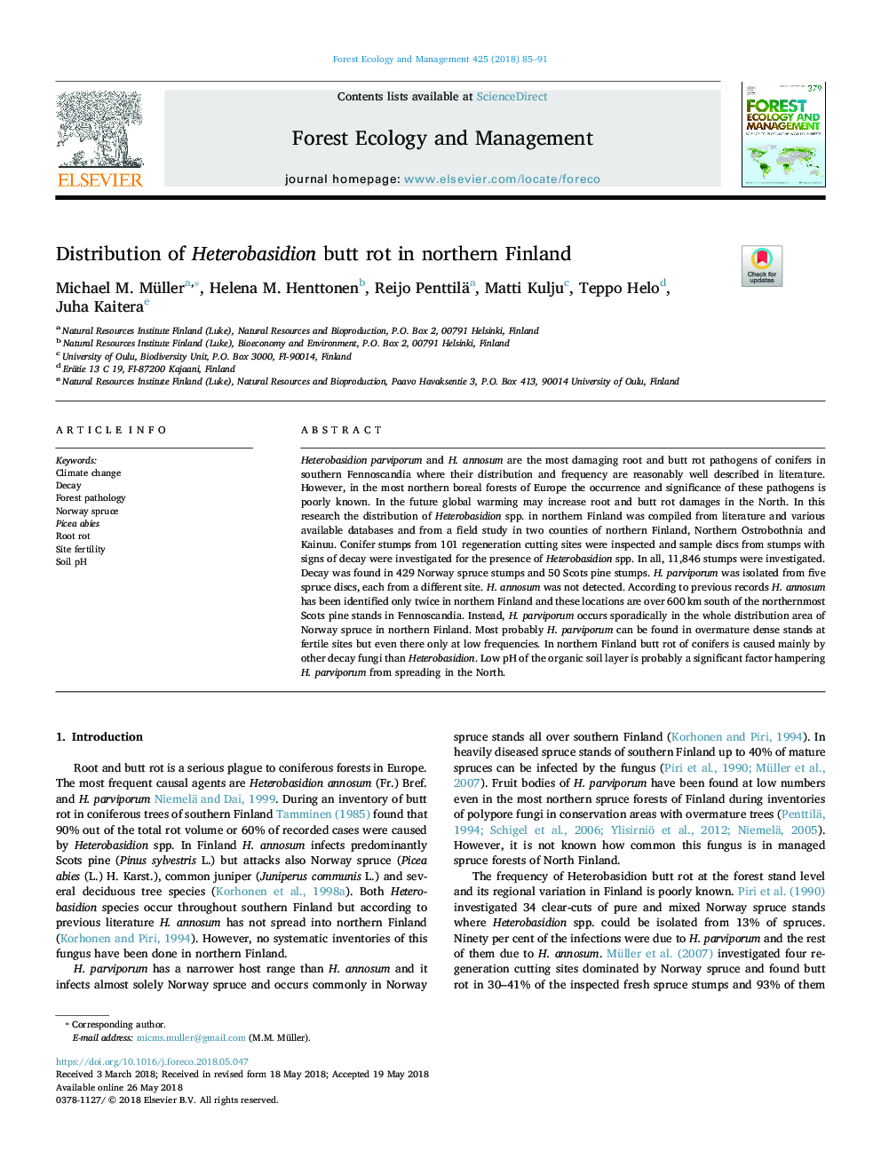 Distribution of Heterobasidion butt rot in northern Finland