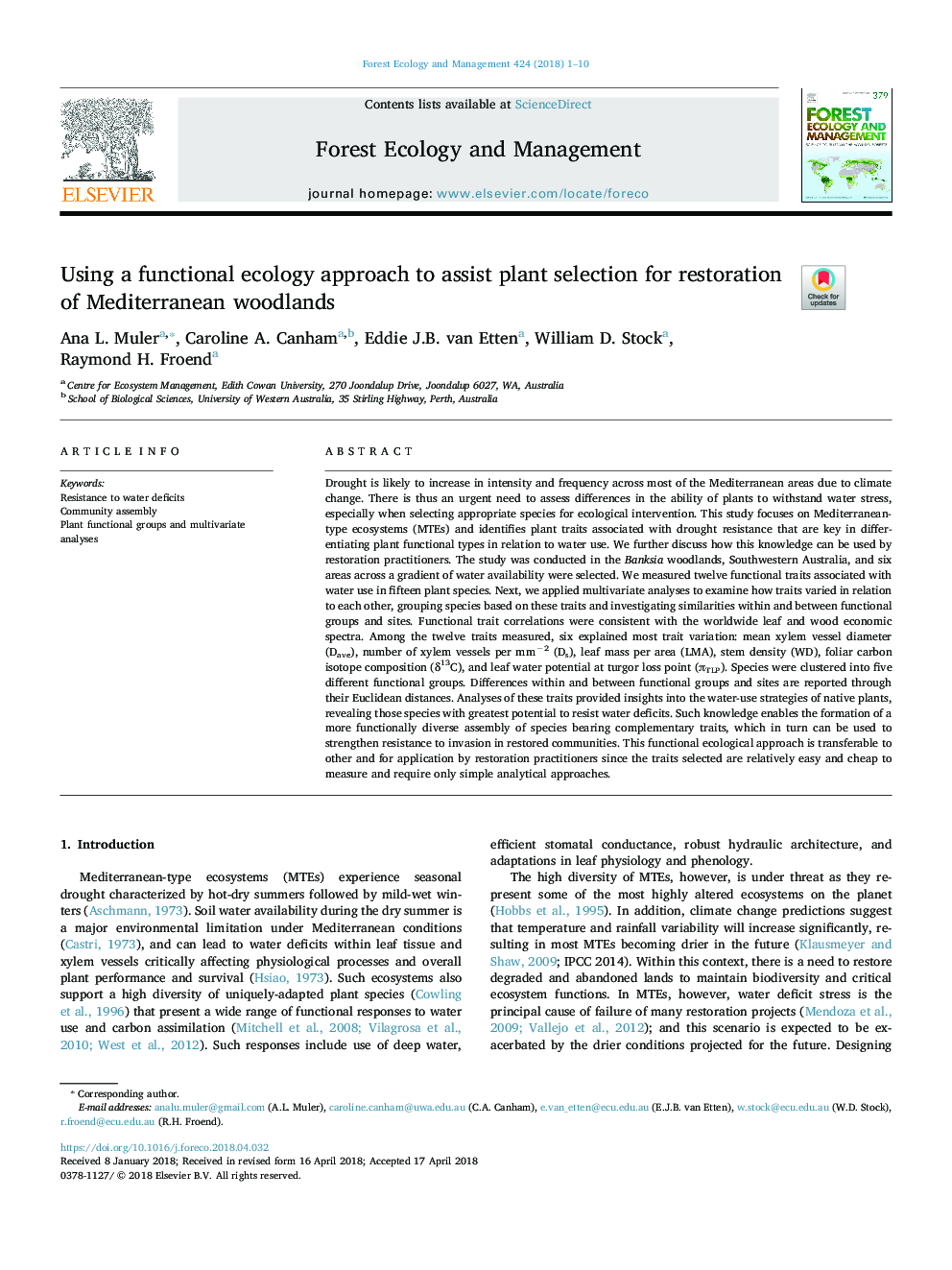 Using a functional ecology approach to assist plant selection for restoration of Mediterranean woodlands