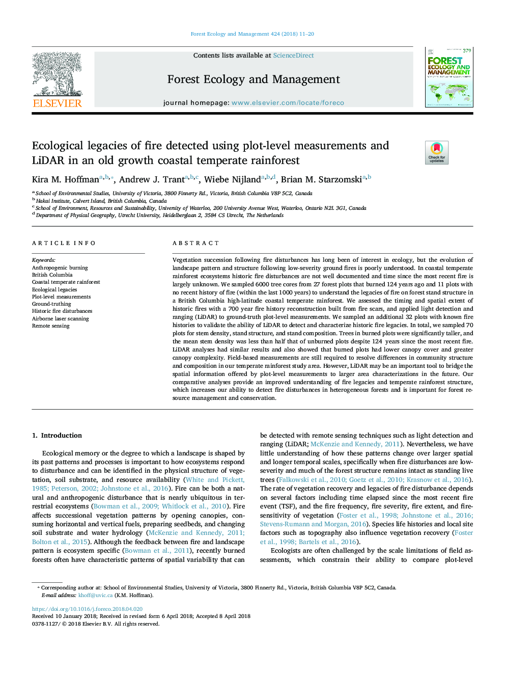 Ecological legacies of fire detected using plot-level measurements and LiDAR in an old growth coastal temperate rainforest