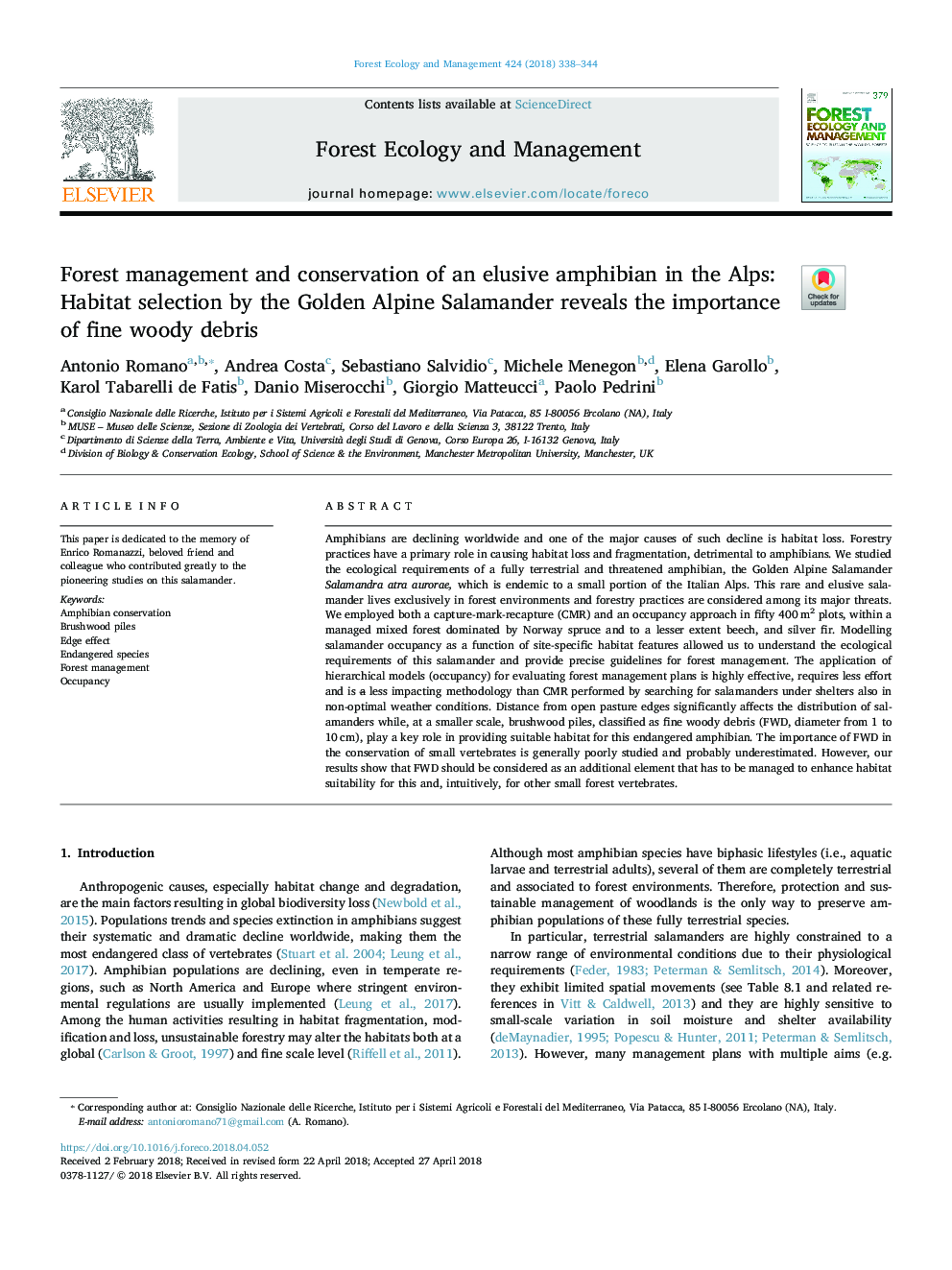 Forest management and conservation of an elusive amphibian in the Alps: Habitat selection by the Golden Alpine Salamander reveals the importance of fine woody debris