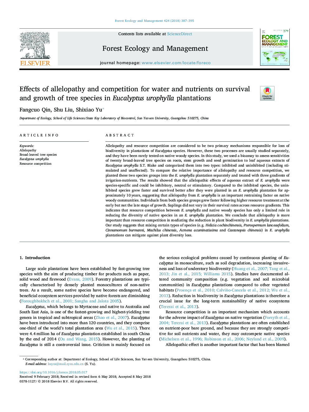 Effects of allelopathy and competition for water and nutrients on survival and growth of tree species in Eucalyptus urophylla plantations