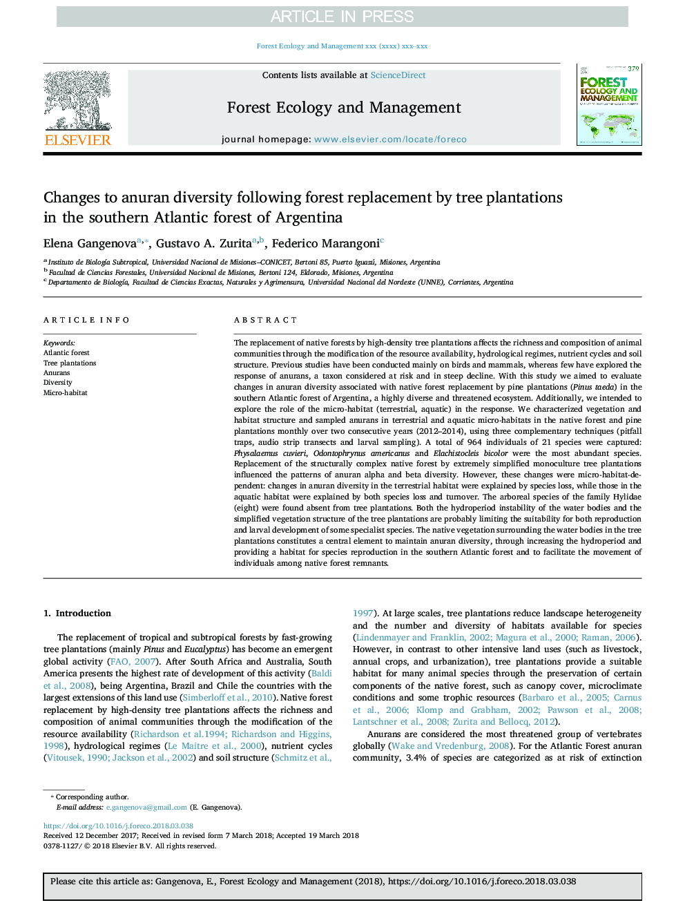 Changes to anuran diversity following forest replacement by tree plantations in the southern Atlantic forest of Argentina