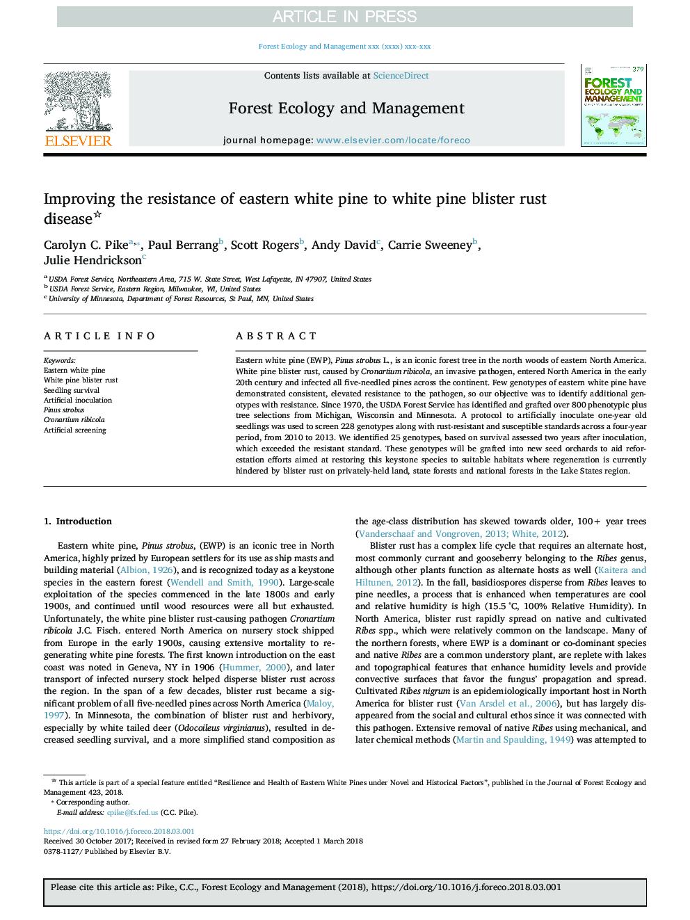 Improving the resistance of eastern white pine to white pine blister rust disease