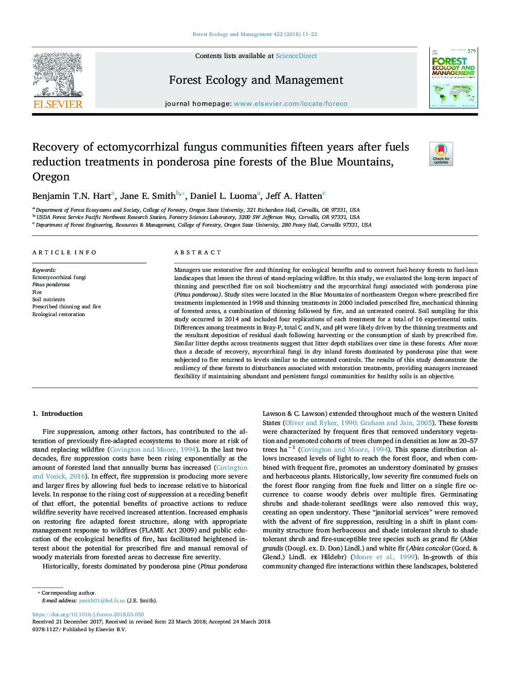 Recovery of ectomycorrhizal fungus communities fifteen years after fuels reduction treatments in ponderosa pine forests of the Blue Mountains, Oregon