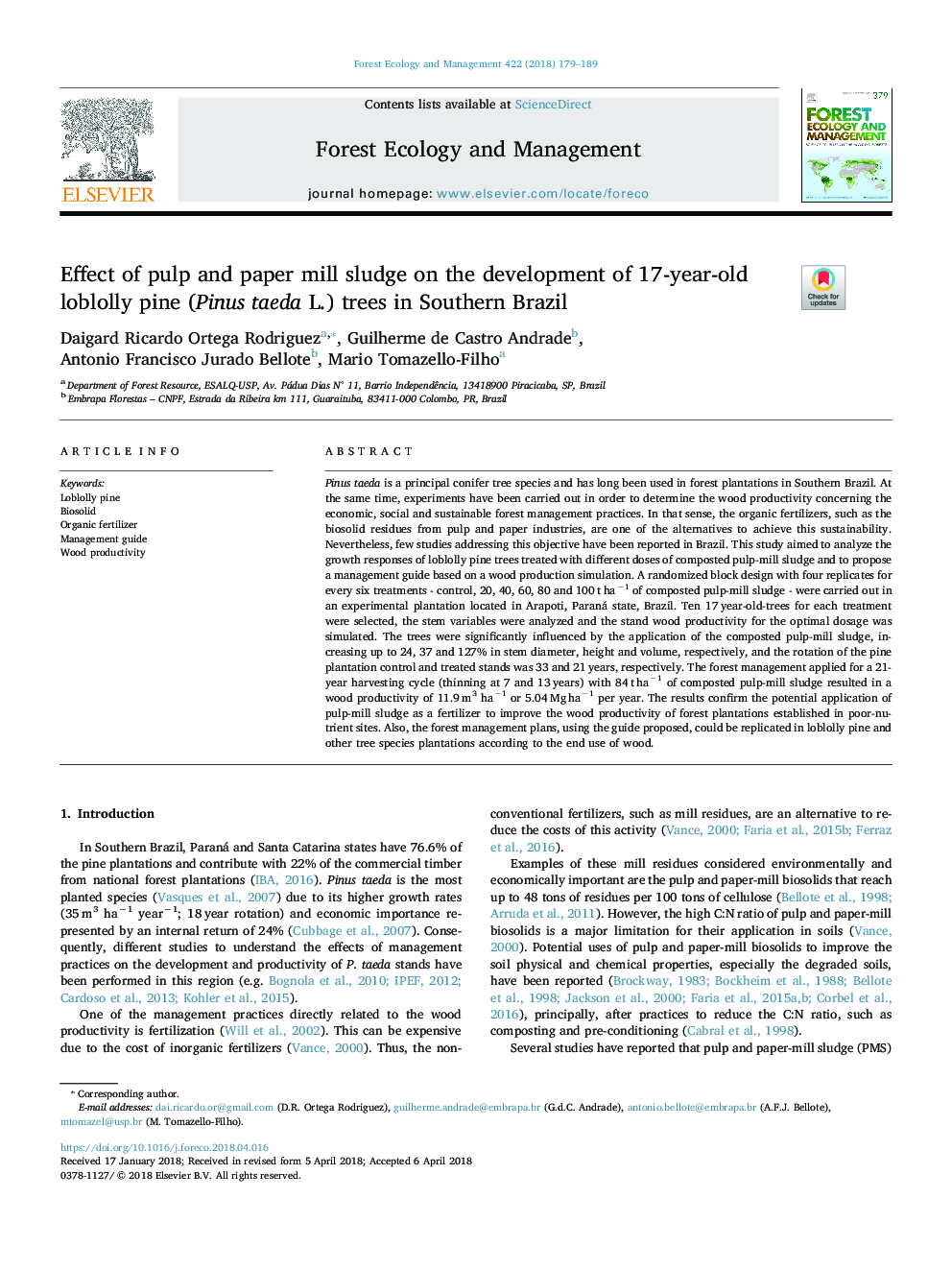 Effect of pulp and paper mill sludge on the development of 17-year-old loblolly pine (Pinus taeda L.) trees in Southern Brazil