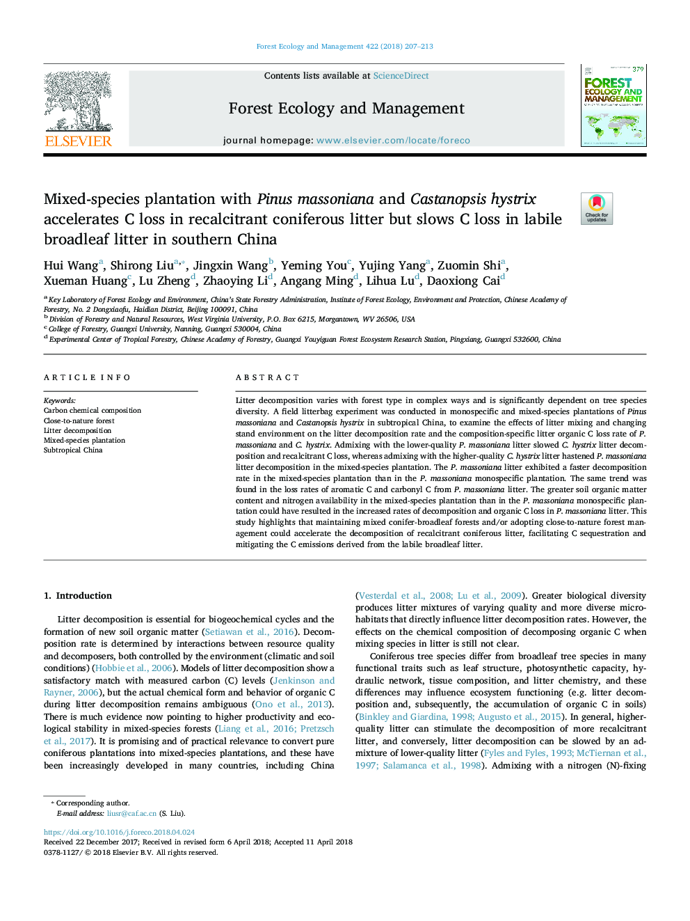 Mixed-species plantation with Pinus massoniana and Castanopsis hystrix accelerates C loss in recalcitrant coniferous litter but slows C loss in labile broadleaf litter in southern China