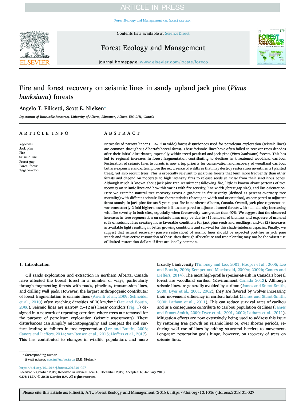 Fire and forest recovery on seismic lines in sandy upland jack pine (Pinus banksiana) forests