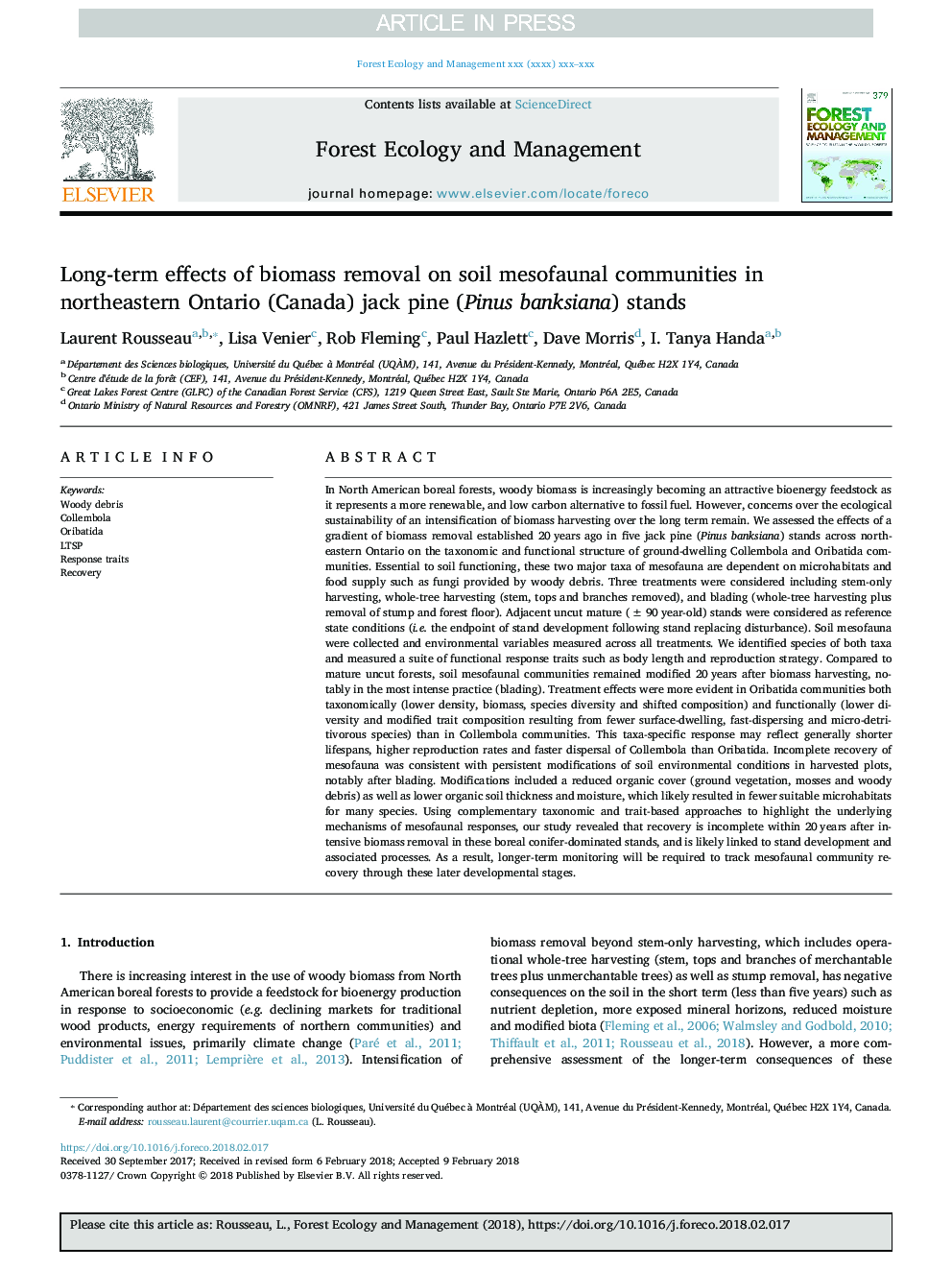 Long-term effects of biomass removal on soil mesofaunal communities in northeastern Ontario (Canada) jack pine (Pinus banksiana) stands