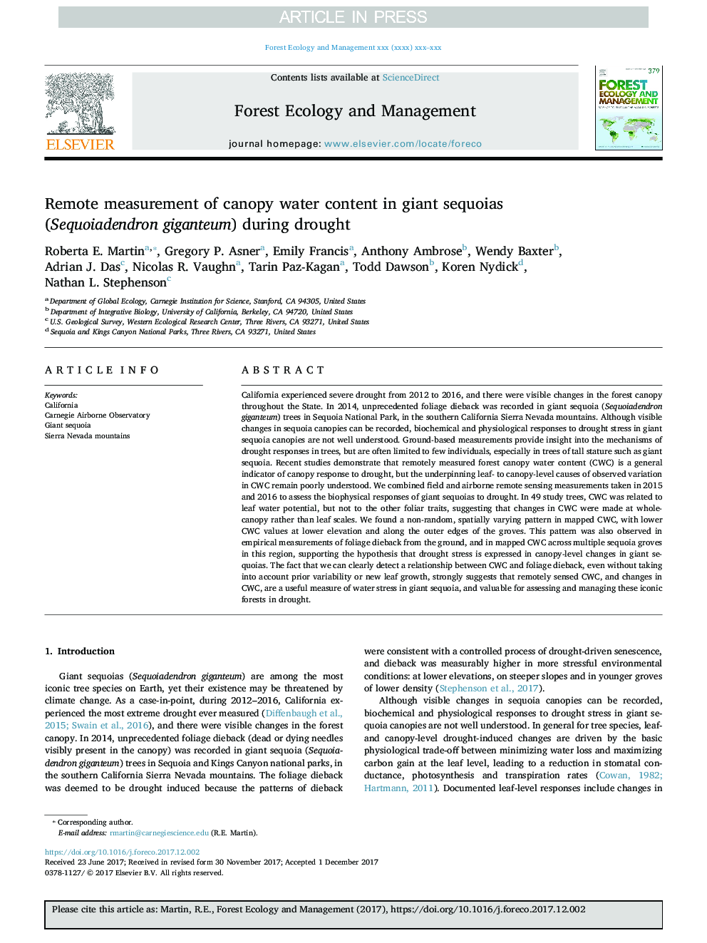 Remote measurement of canopy water content in giant sequoias (Sequoiadendron giganteum) during drought