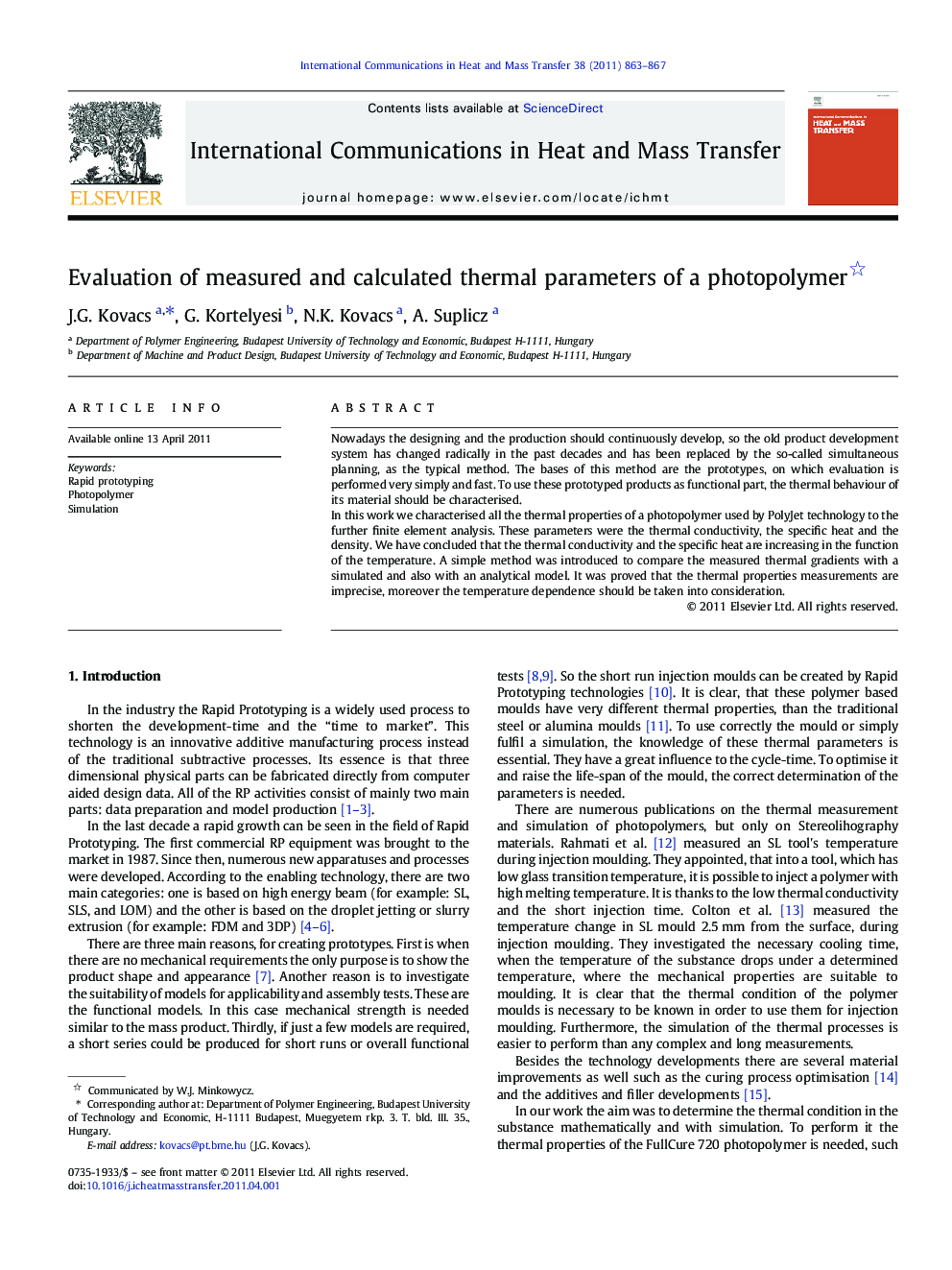 Evaluation of measured and calculated thermal parameters of a photopolymer 
