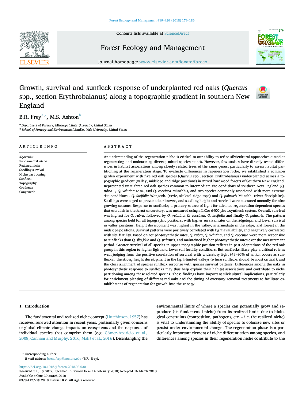 Growth, survival and sunfleck response of underplanted red oaks (Quercus spp., section Erythrobalanus) along a topographic gradient in southern New England