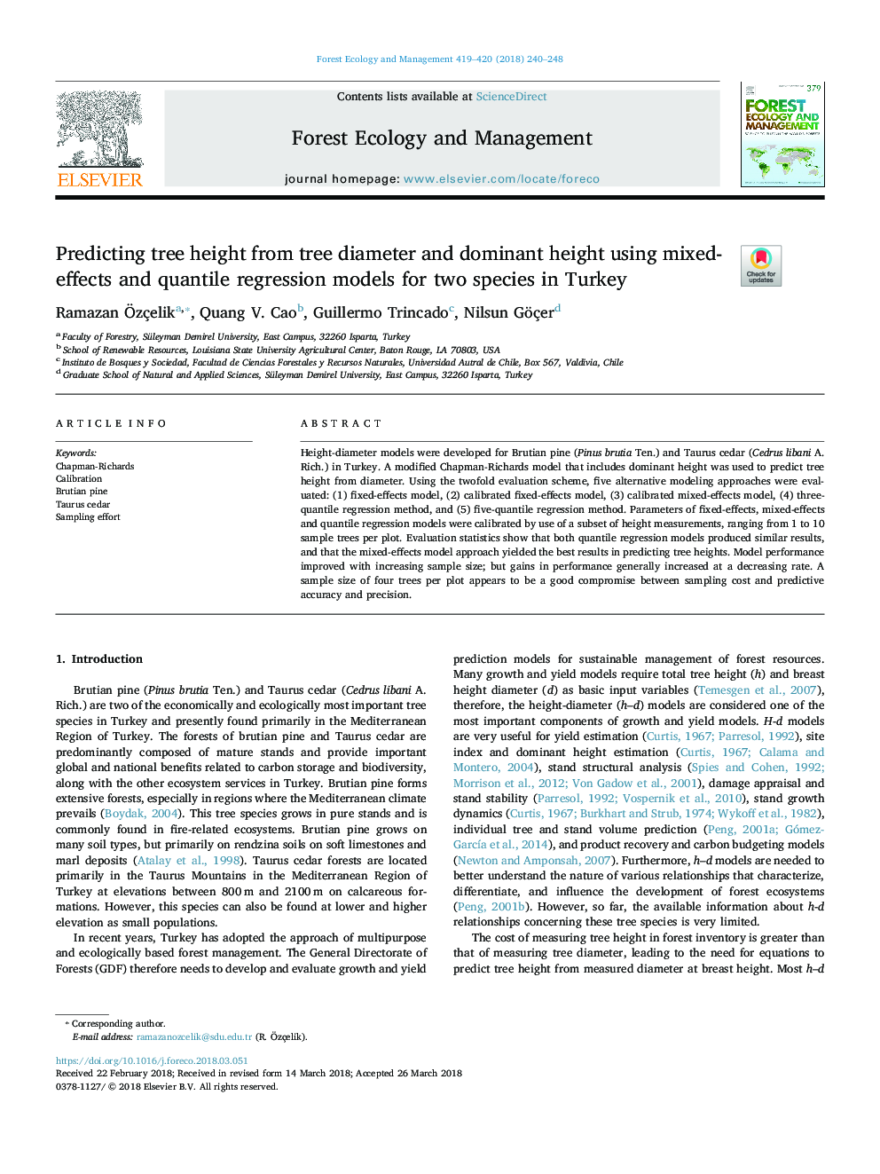 Predicting tree height from tree diameter and dominant height using mixed-effects and quantile regression models for two species in Turkey