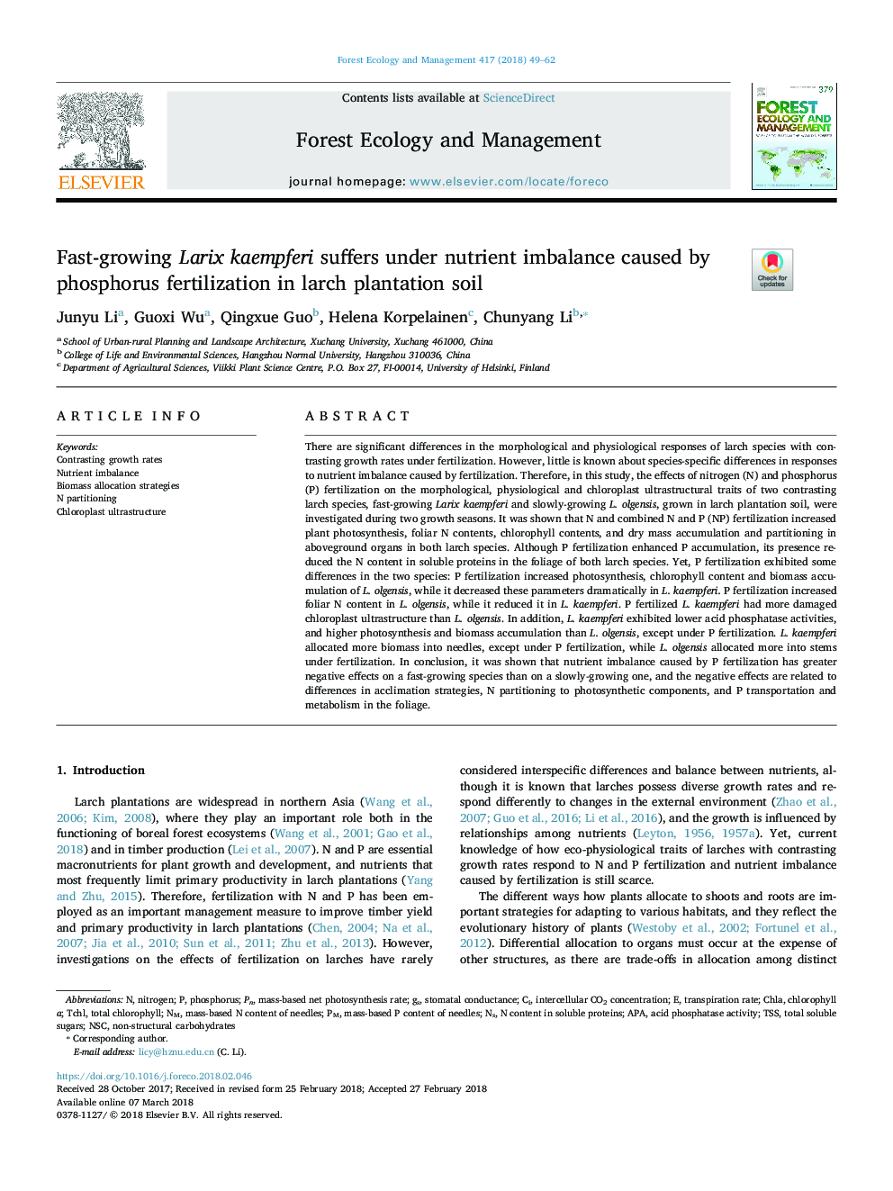 Fast-growing Larix kaempferi suffers under nutrient imbalance caused by phosphorus fertilization in larch plantation soil