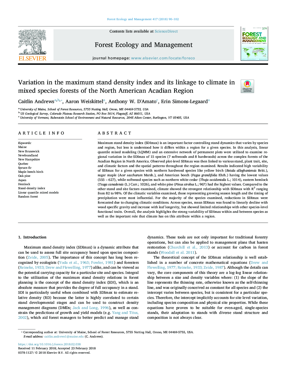 Variation in the maximum stand density index and its linkage to climate in mixed species forests of the North American Acadian Region