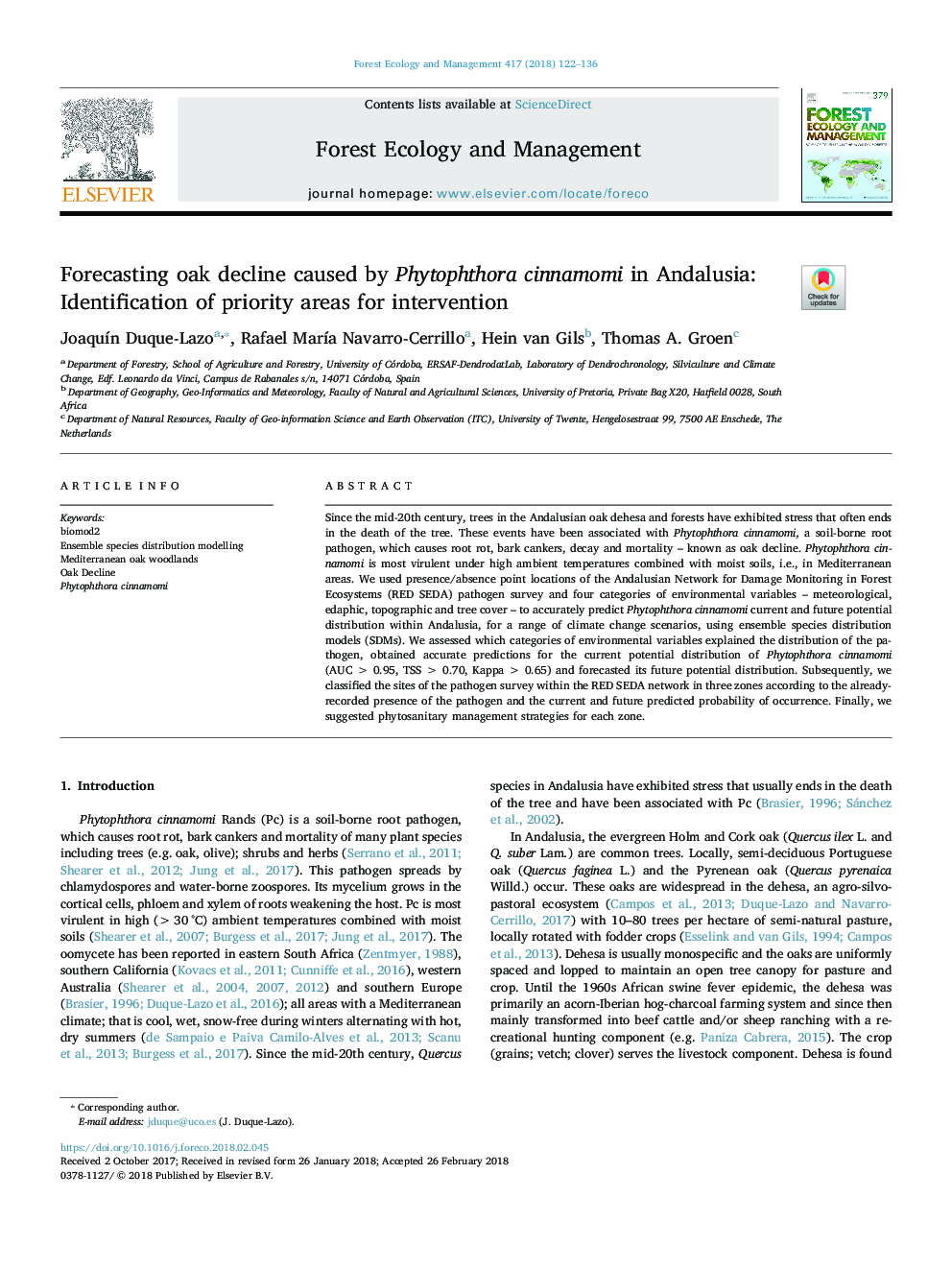 Forecasting oak decline caused by Phytophthora cinnamomi in Andalusia: Identification of priority areas for intervention