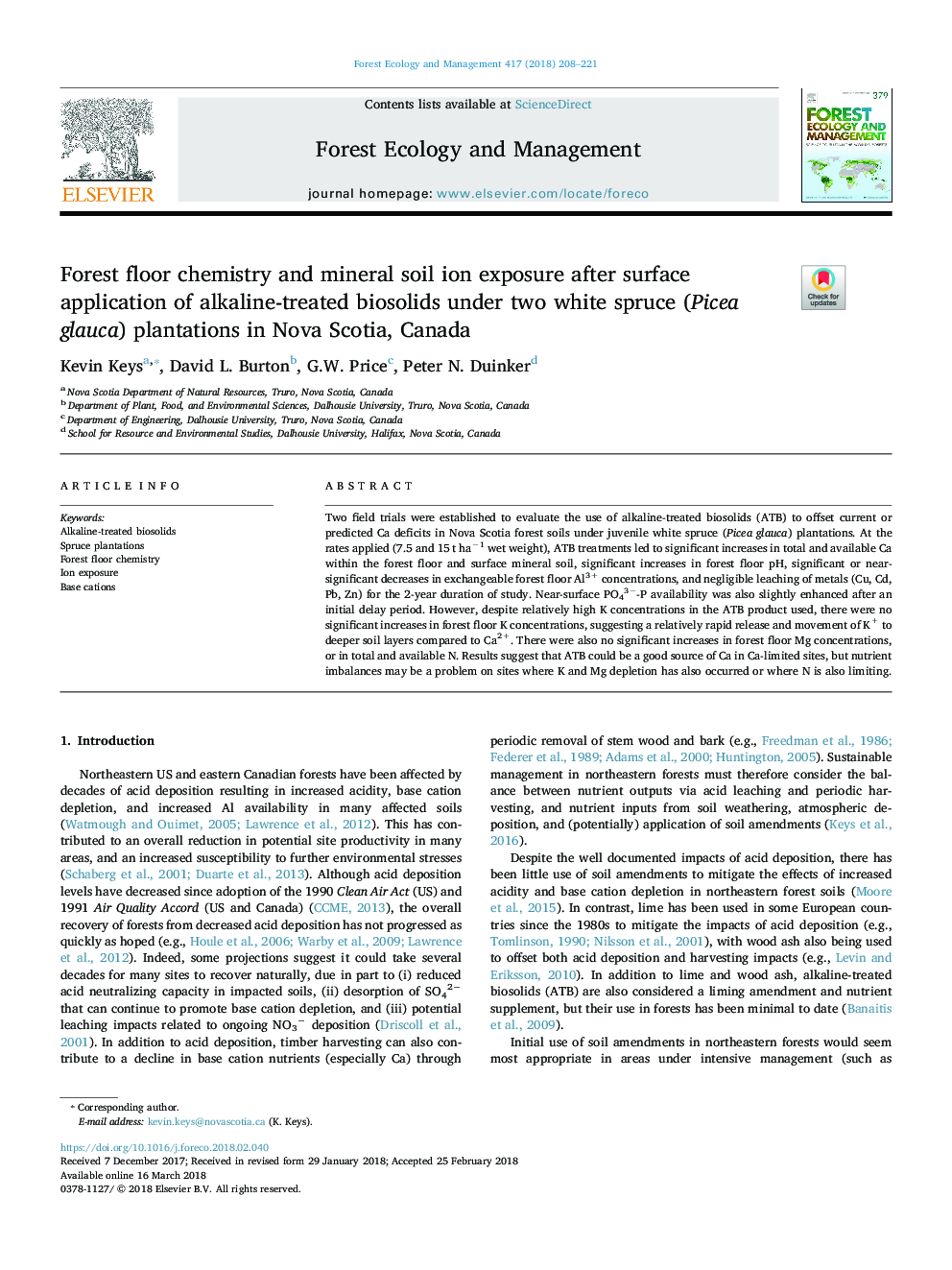 Forest floor chemistry and mineral soil ion exposure after surface application of alkaline-treated biosolids under two white spruce (Picea glauca) plantations in Nova Scotia, Canada