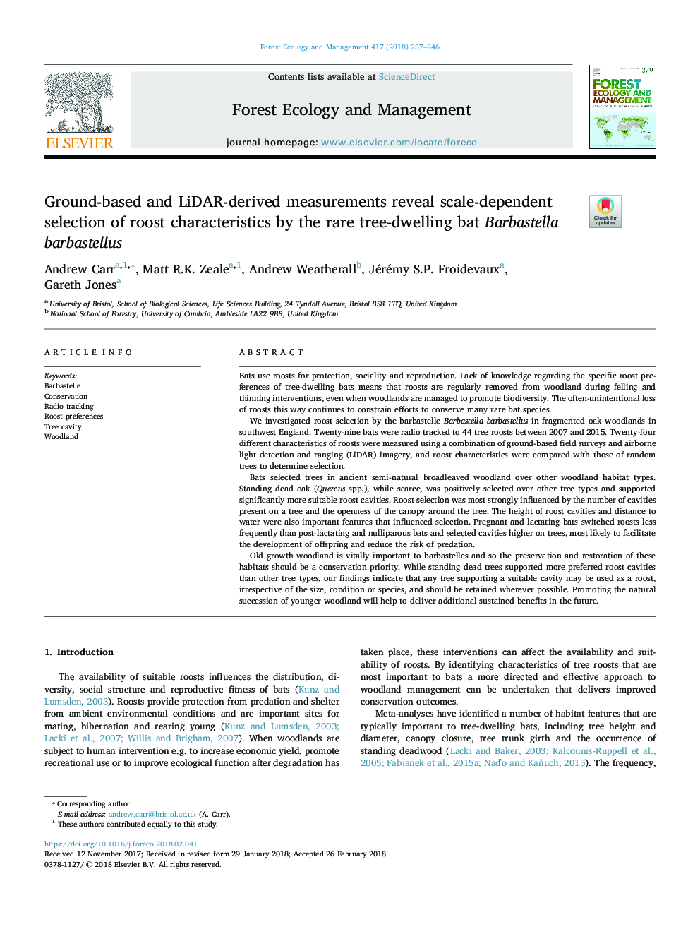 Ground-based and LiDAR-derived measurements reveal scale-dependent selection of roost characteristics by the rare tree-dwelling bat Barbastella barbastellus