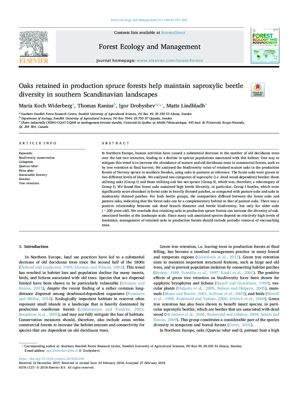 Oaks retained in production spruce forests help maintain saproxylic beetle diversity in southern Scandinavian landscapes