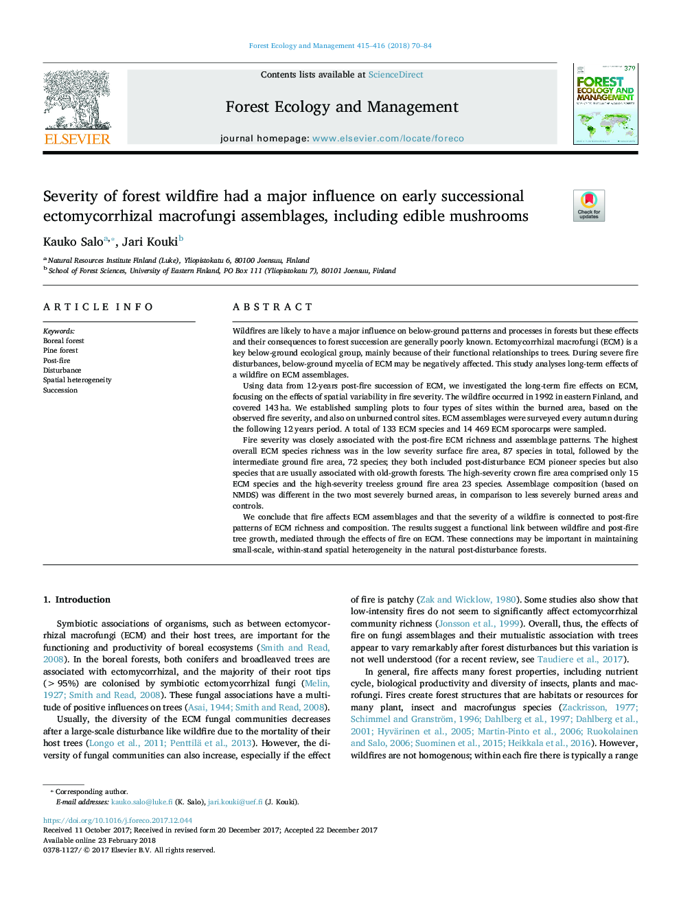 Severity of forest wildfire had a major influence on early successional ectomycorrhizal macrofungi assemblages, including edible mushrooms