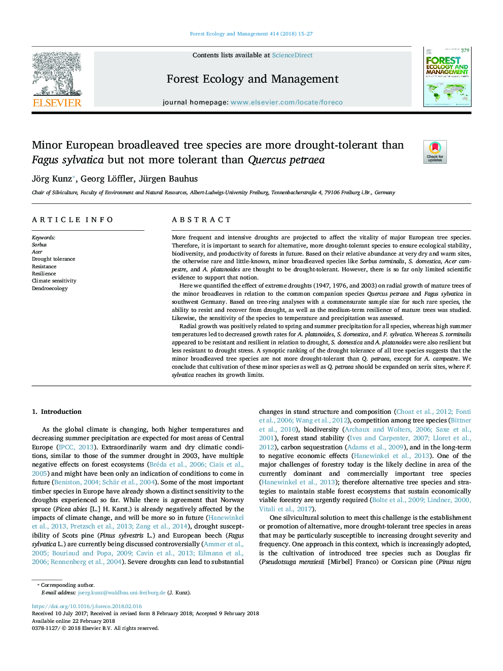 عکس صفحه اول مقاله: Minor European broadleaved tree species are more drought-tolerant than Fagus sylvatica but not more tolerant than Quercus petraea Minor European broadleaved tree species are more drought-tolerant than Fagus sylvatica but not more tolerant than Quercus petraea