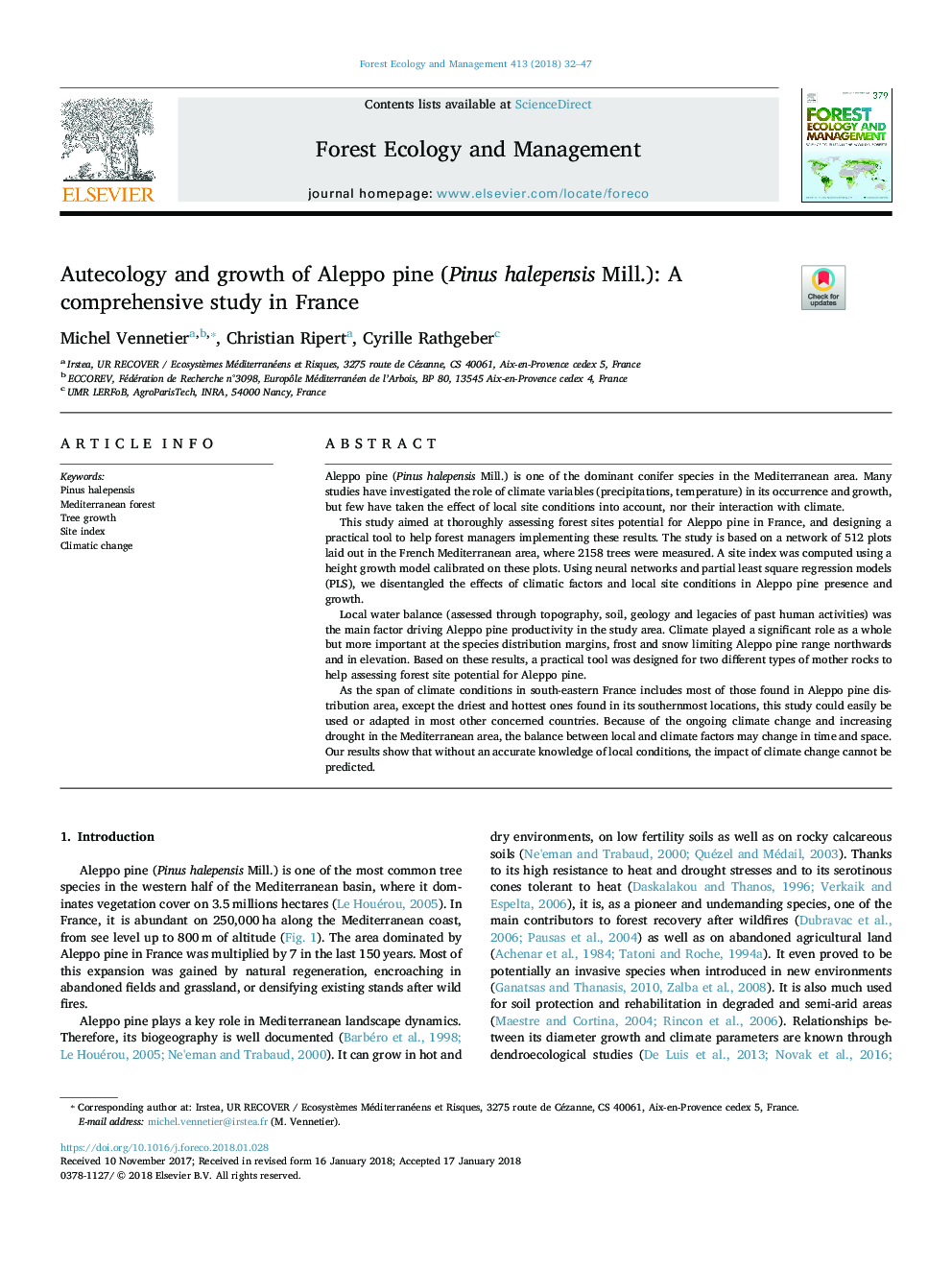 Autecology and growth of Aleppo pine (Pinus halepensis Mill.): A comprehensive study in France