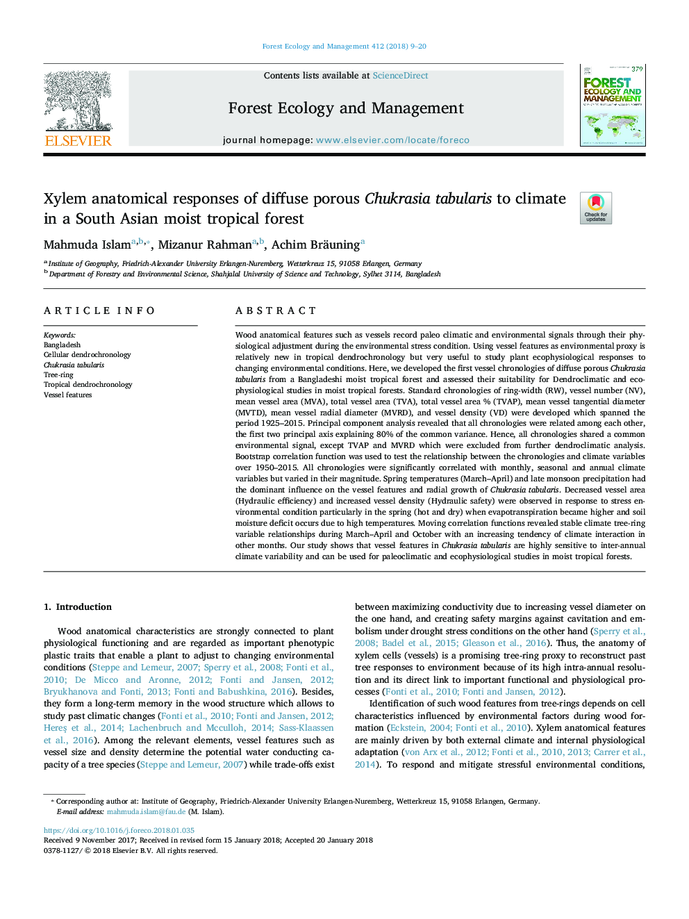 Xylem anatomical responses of diffuse porous Chukrasia tabularis to climate in a South Asian moist tropical forest