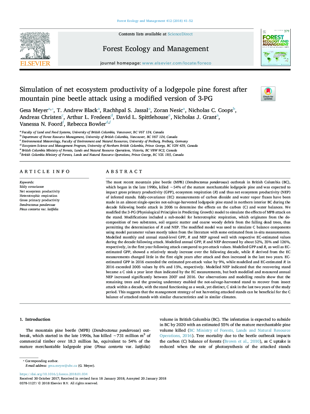 Simulation of net ecosystem productivity of a lodgepole pine forest after mountain pine beetle attack using a modified version of 3-PG