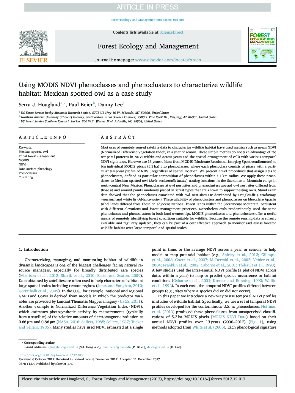 Using MODIS NDVI phenoclasses and phenoclusters to characterize wildlife habitat: Mexican spotted owl as a case study