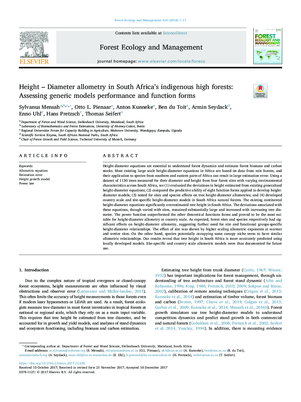 Height - Diameter allometry in South Africa's indigenous high forests: Assessing generic models performance and function forms