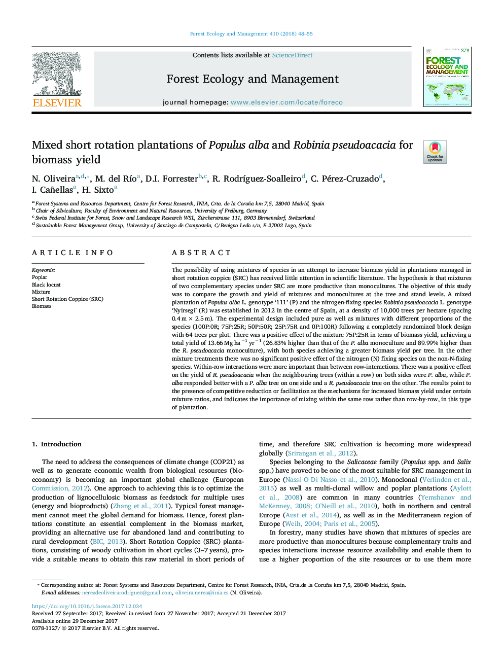 Mixed short rotation plantations of Populus alba and Robinia pseudoacacia for biomass yield