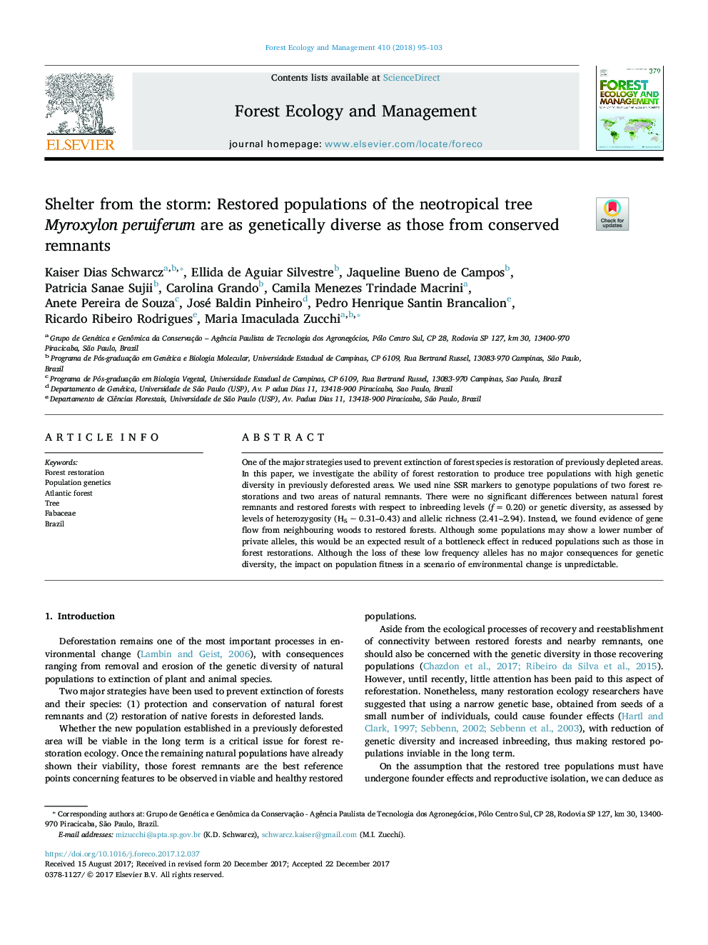 Shelter from the storm: Restored populations of the neotropical tree Myroxylon peruiferum are as genetically diverse as those from conserved remnants