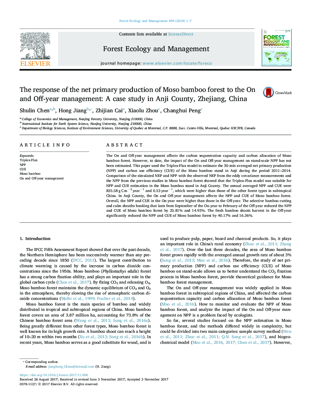 پاسخ اولیه تولید خالص جنگل های مصنوعی بامبو به مدیریت سالانه و سالانه: مطالعه موردی در شهرستان آنجی، ژجیانگ، چین 