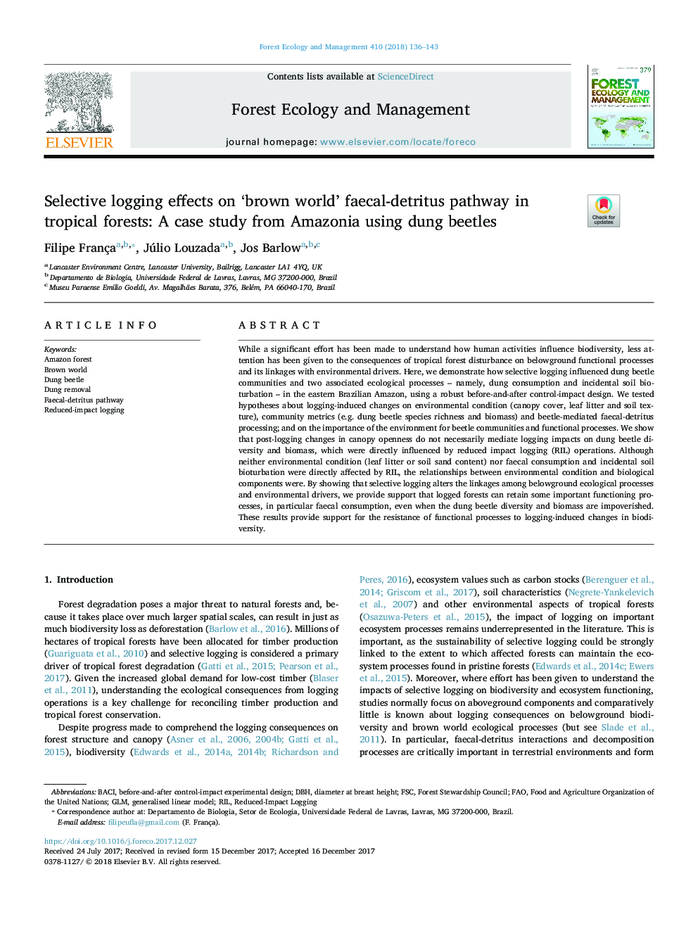 Selective logging effects on 'brown world' faecal-detritus pathway in tropical forests: A case study from Amazonia using dung beetles