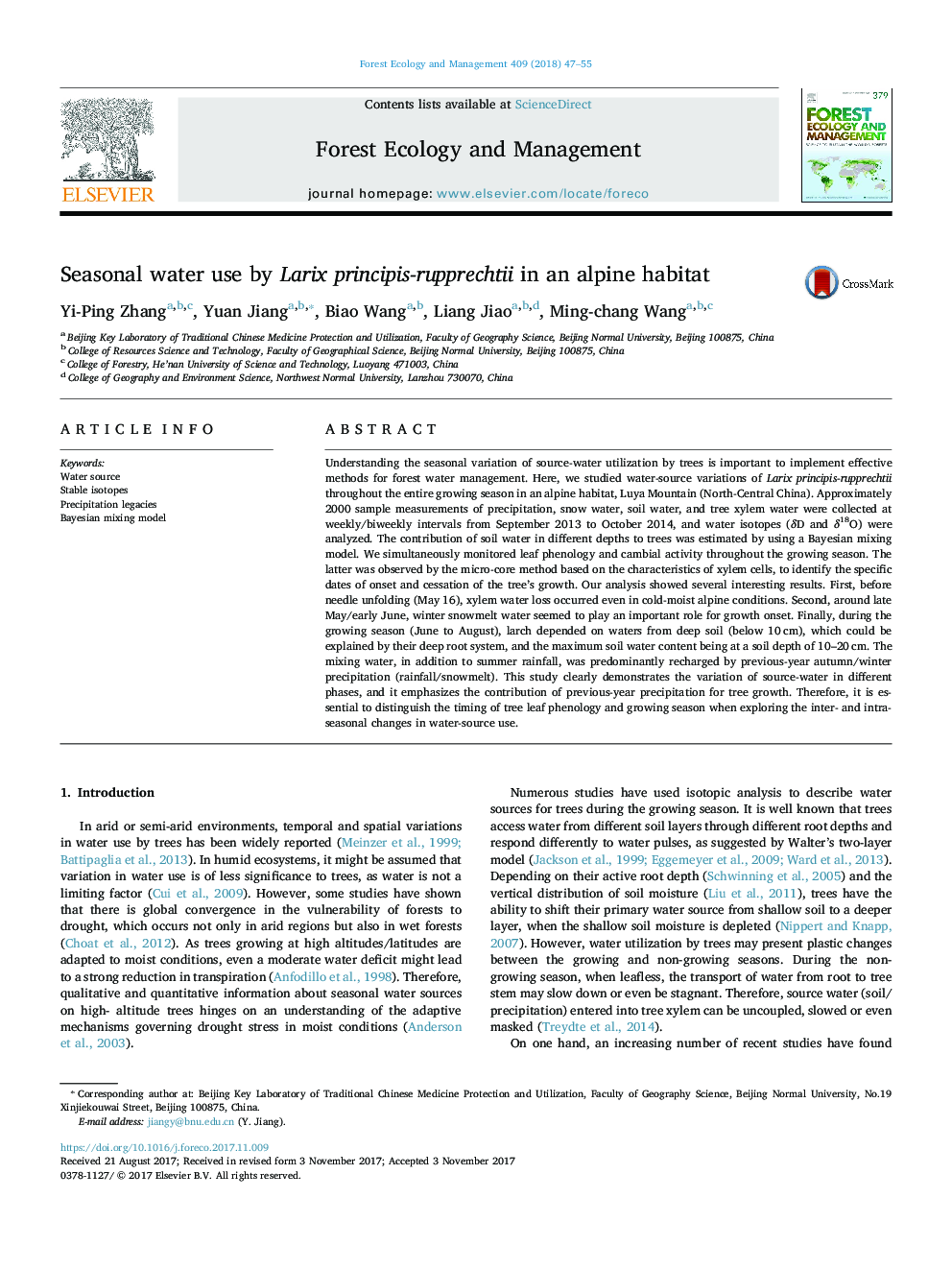 Seasonal water use by Larix principis-rupprechtii in an alpine habitat