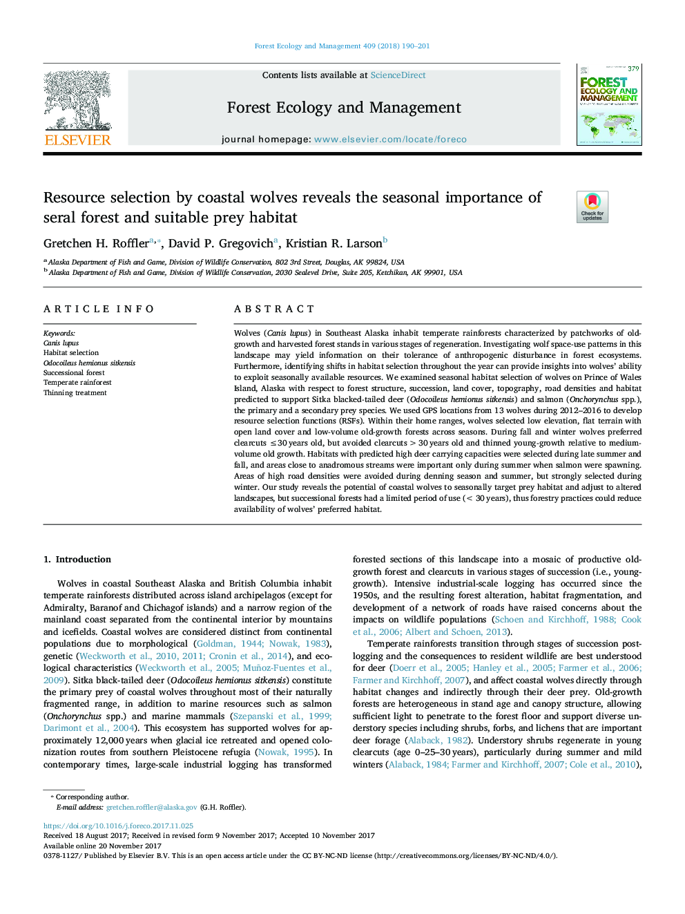 Resource selection by coastal wolves reveals the seasonal importance of seral forest and suitable prey habitat