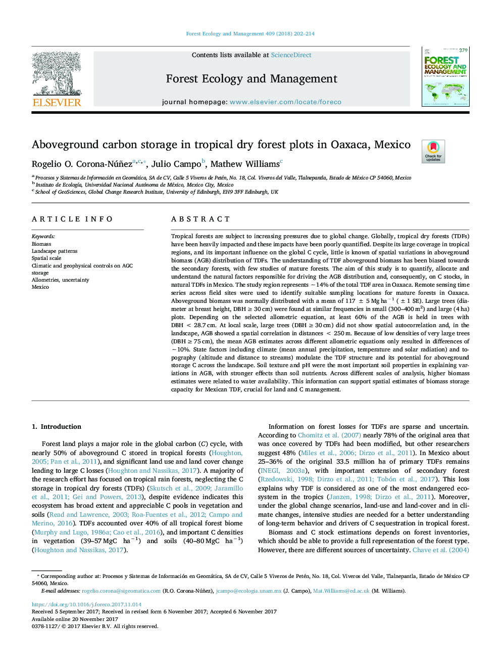 Aboveground carbon storage in tropical dry forest plots in Oaxaca, Mexico