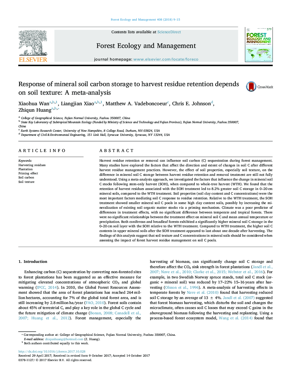 Response of mineral soil carbon storage to harvest residue retention depends on soil texture: A meta-analysis