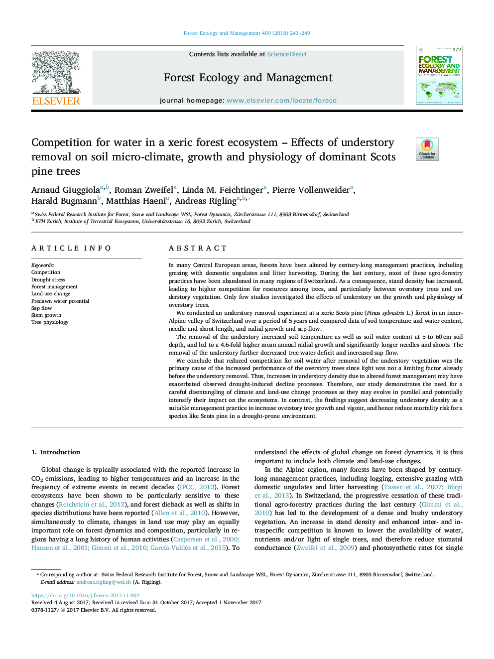 Competition for water in a xeric forest ecosystem - Effects of understory removal on soil micro-climate, growth and physiology of dominant Scots pine trees